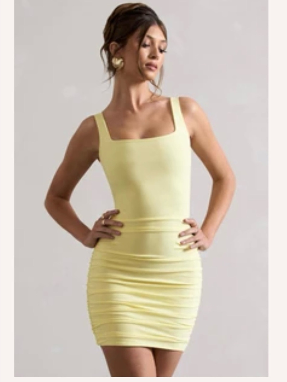 Club L London Pale Yellow Square-Neck Bodycon Mini Dress